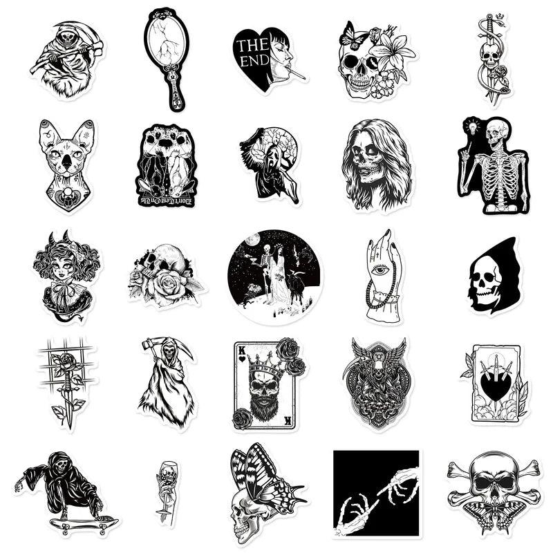 50PCS Gothic Stickers for Teens and Boys - Cool Satanic Skull Skeleton Decals for Laptop Book Luggage