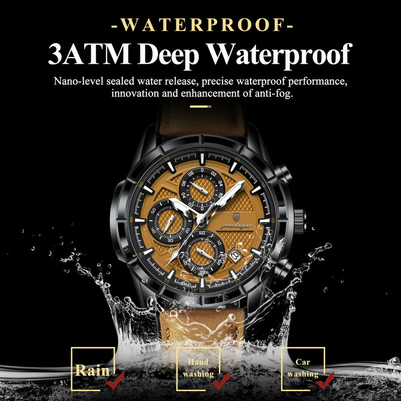 Men's Waterproof Luminous Quartz Chronograph Watch with Leather Strap