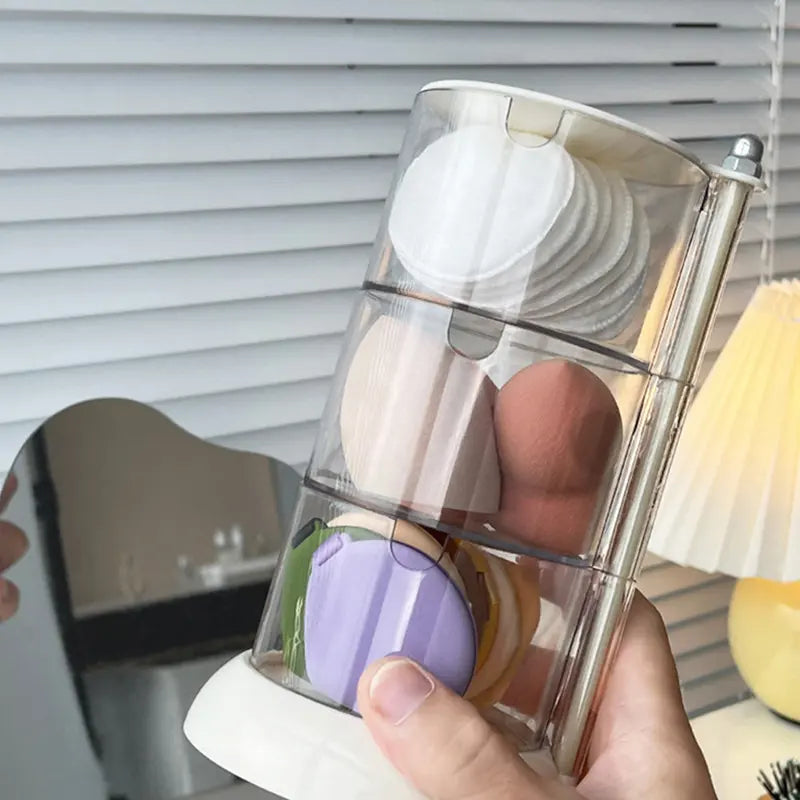 Rotatable 3-Tier Makeup Sponge Storage Box with Compartments - Clear Plastic Organizer for Vanity