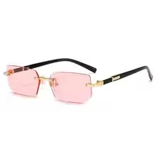 Unisex Rimless Rectangle Sunglasses UV400 Polarized Metal Frame Small Square Shades