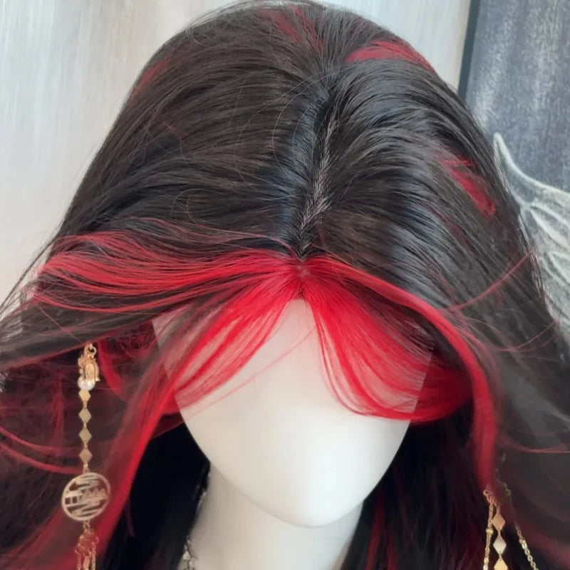 Long Wavy Synthetic Wig for Women - Black Ombre Red Layered Cosplay & Party Hair