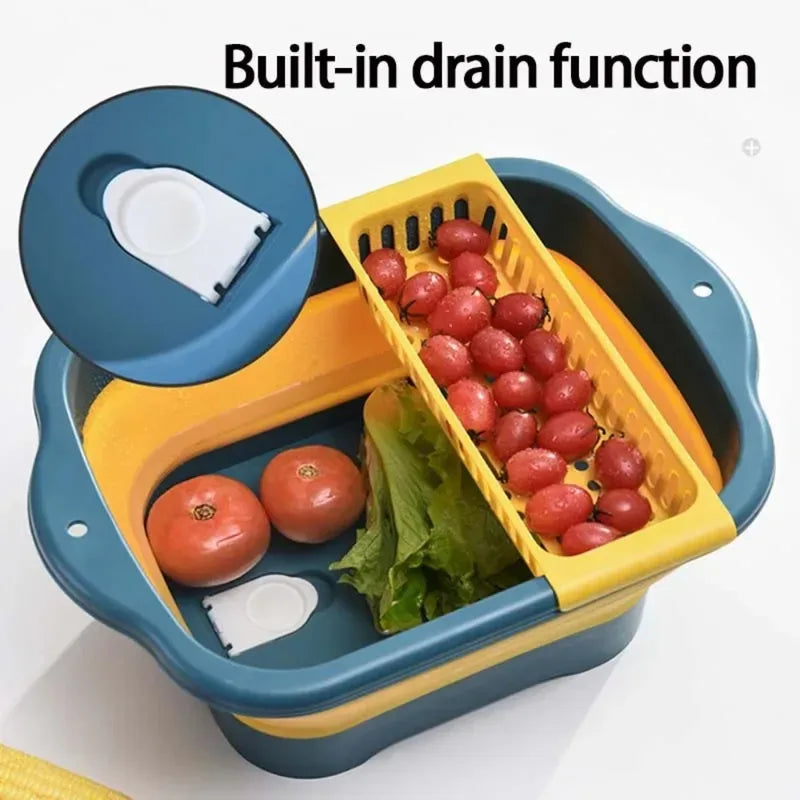 Foldable Silicone Dish Basin with Drainage Basket - Portable Collapsible Sink for Kitchen & Camping