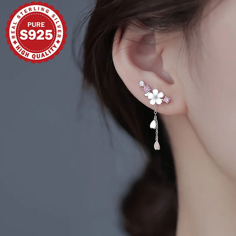 Sterling Silver Sakura Tassel Earrings - Elegant Korean Style Jewelry, Allergy-Free