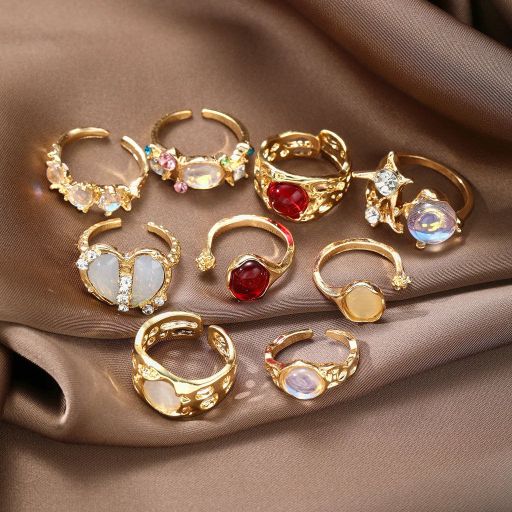 9pcs Y2K Crystal Heart Open Rings Set for Women Girls - Vintage Punk Jewelry