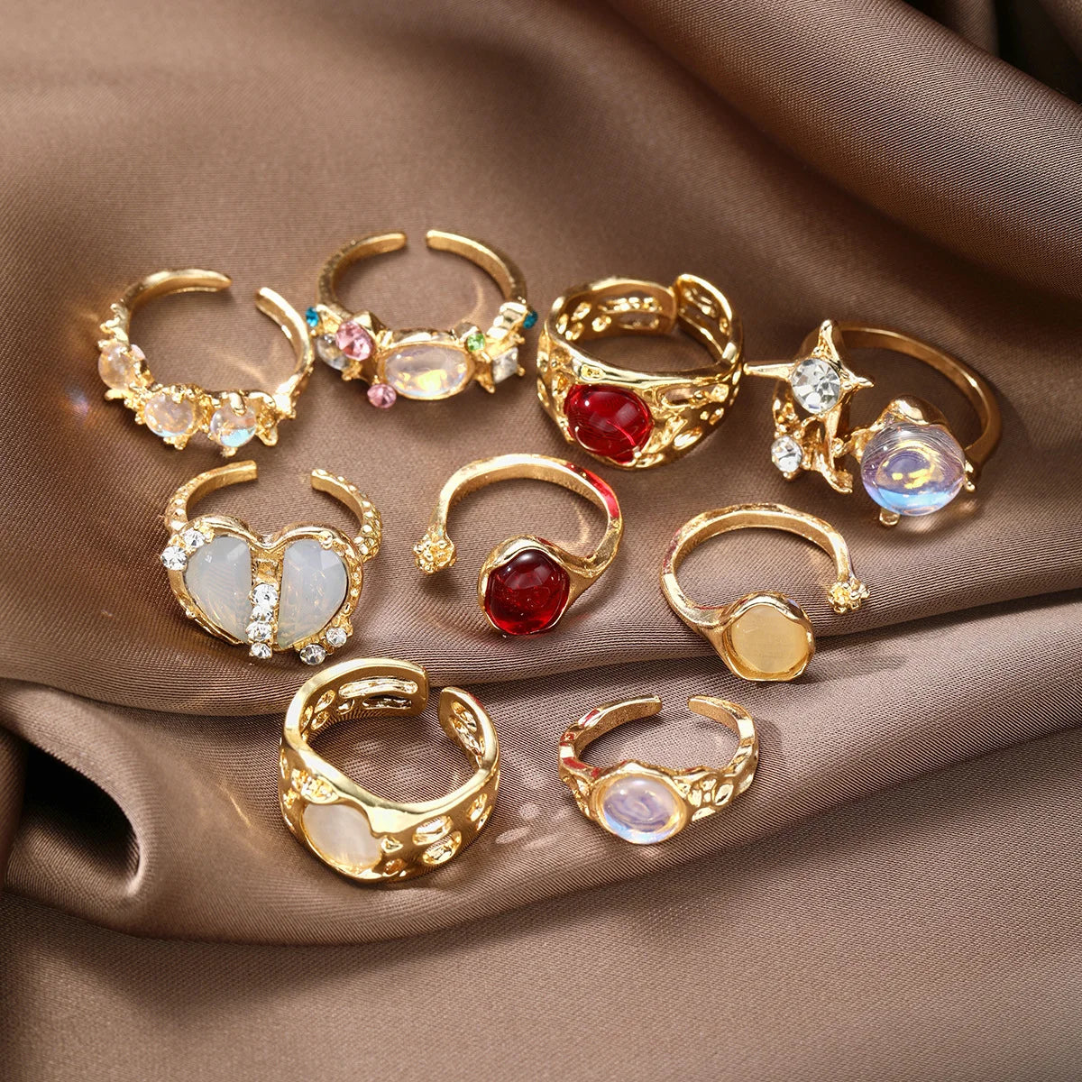 9pcs Y2K Crystal Heart Open Rings Set for Women Girls - Vintage Punk Jewelry