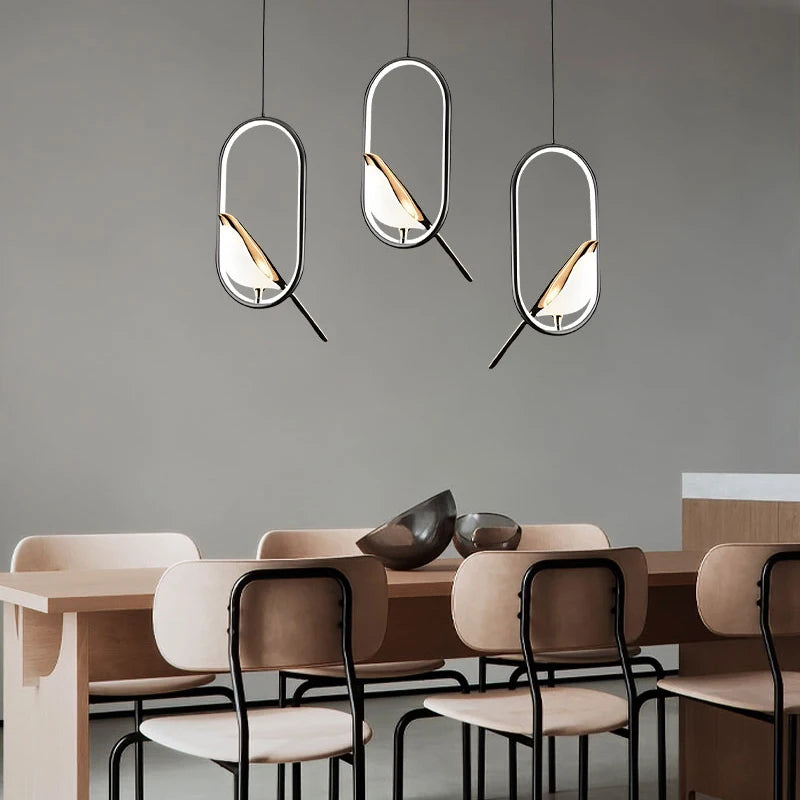 Nordic Magpie Bird LED Pendant Light for Bedroom Living Room Black Silver