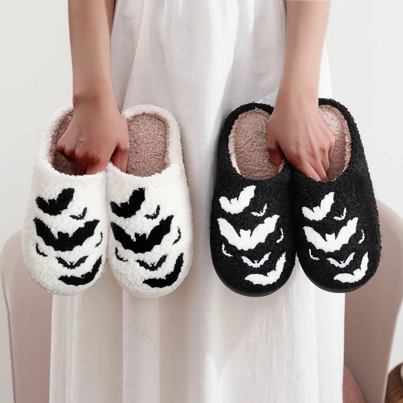 Halloween Bat Pattern Embroidered Plush Indoor Slippers - Non-Slip Warm Woolen Cotton Footwear for Men & Women