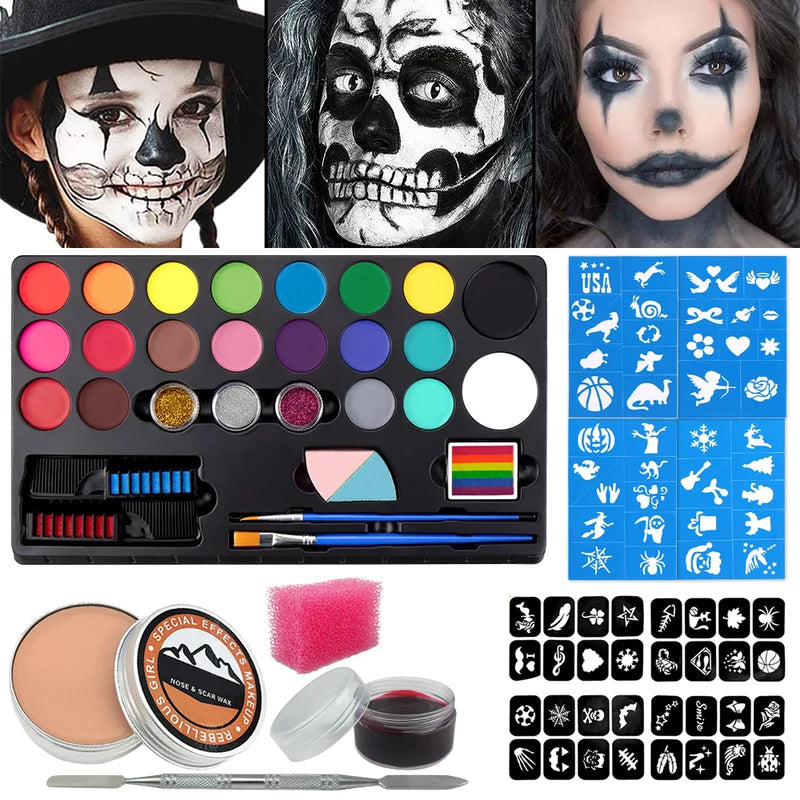 All-in-One Face & Body Paint Kit with 20 Oil Colors, Rainbow & Glitter for Special Effects Halloween