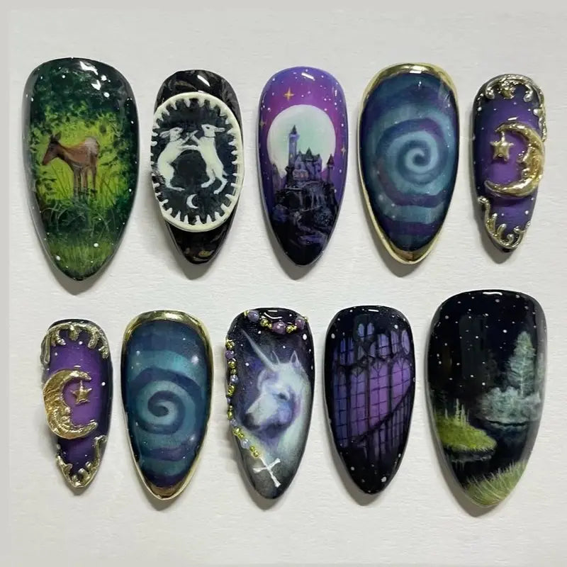 24Pcs Vintage Country Style False Nails with Cartoon Lamb Bunny Rose Prints - Press On Nail Art Set