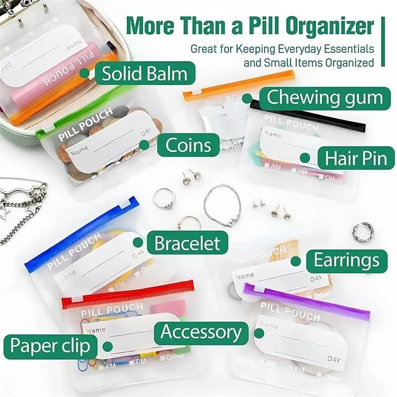 Waterproof Pill Pouch Set with Writable Labels - 14 Color-Coded Travel Medication Organizers