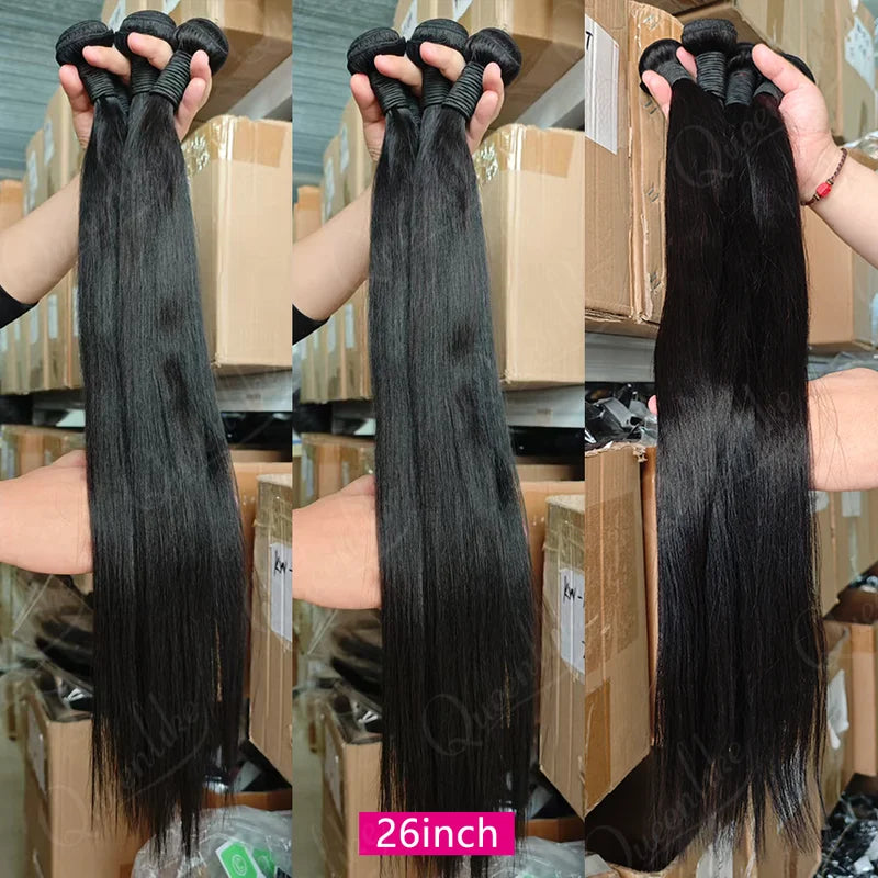Straight Human Hair Bundles with Closure - Brazilian 20-40 Inch Full Head Set