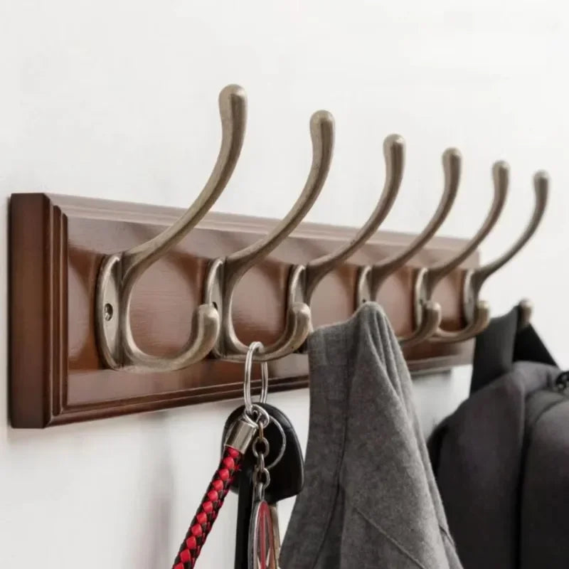 Wall-Mounted Bamboo & Zinc Alloy Coat Rack with Double Hooks - Retro Home Organizer