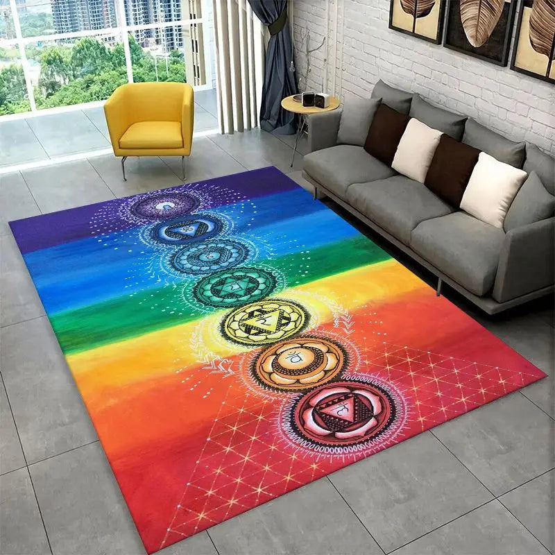 Rainbow Chakra Yoga Mandala Meditation Rug Non-slip Floor Mat for Bedroom & Living Room