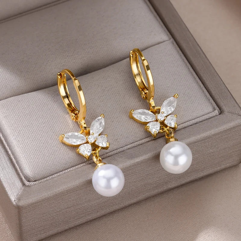 Butterfly Zircon Stainless Steel Pearl Earrings for Women - Gold Plated Piercing Jewelry