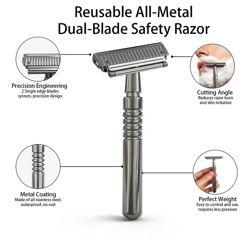 Reusable Twin Half Blade Safety Razor with Travel Case - Men’s Grooming