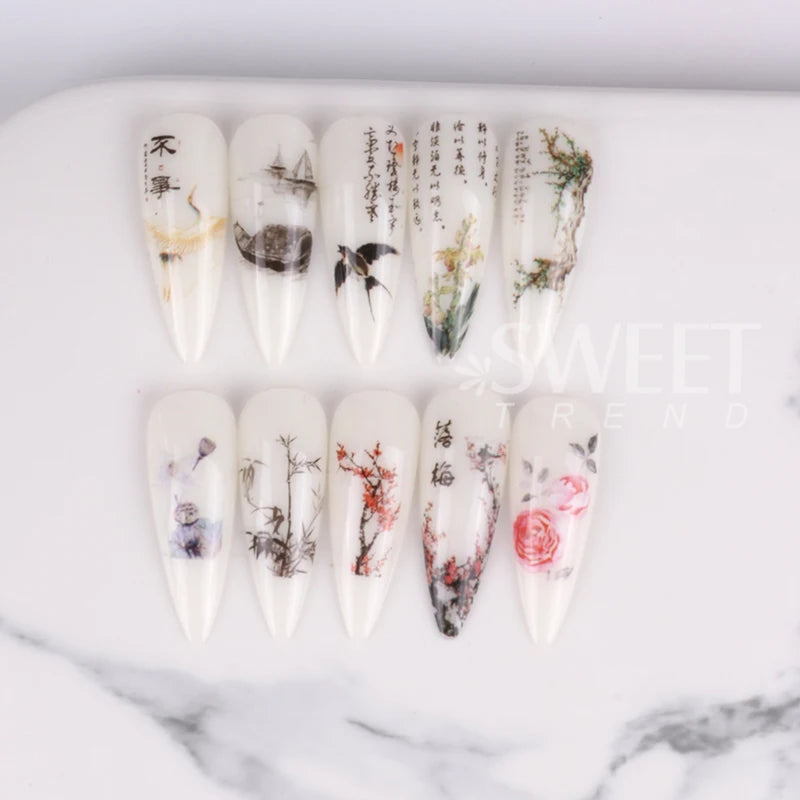 Nail Foils 10pcs Chinese Character Crane Bamboo Flower Plum Design, Transfer Stickers for Nail Art