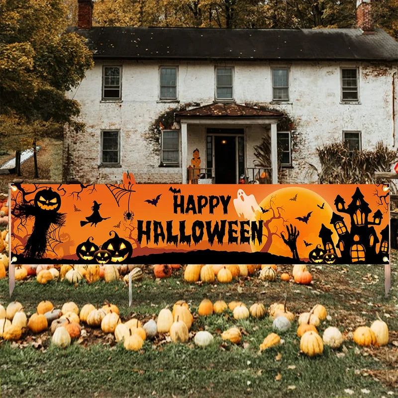 Halloween Outdoor Banner Decoration - Pumpkin & Bat Print Backdrop for Parties