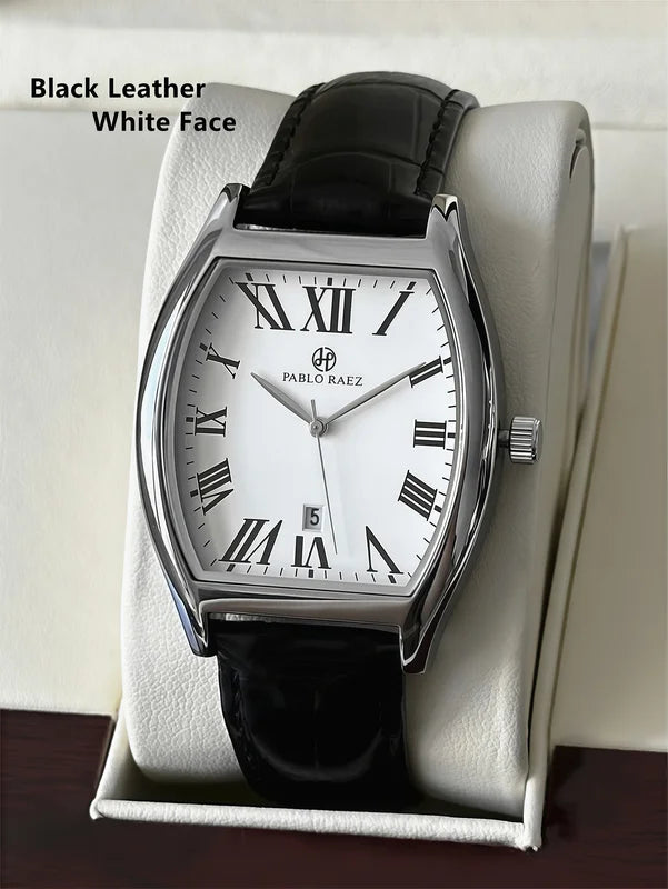 Luxury Quartz Watch for Men Waterproof Leather Wristwatch with Barrel Shape and Date Function