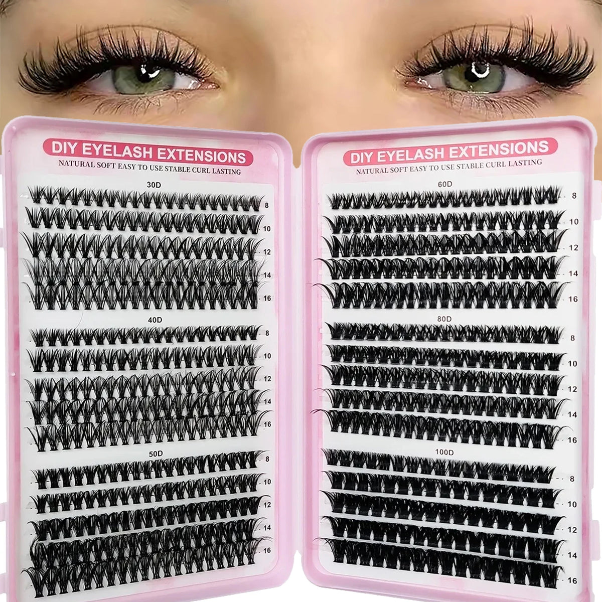 DIY Eyelash Extensions Clusters - Natural D Curl Mix, 8-16mm, Soft & Lightweight