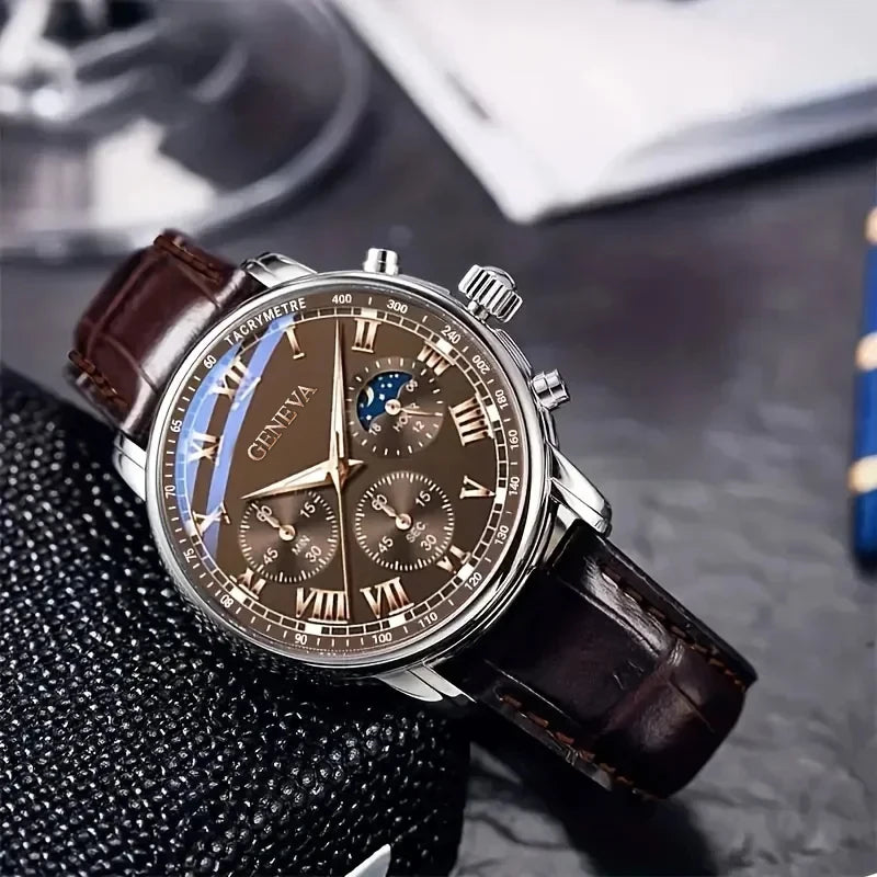 Men's Business Leather Strap Watch - Round Dial Quartz Wristwatch, Water-Resistant