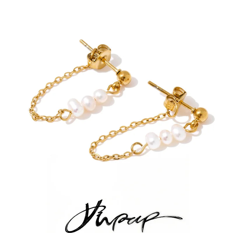 Women’s Stainless Steel Pearl Chain Drop Earrings with Tassel