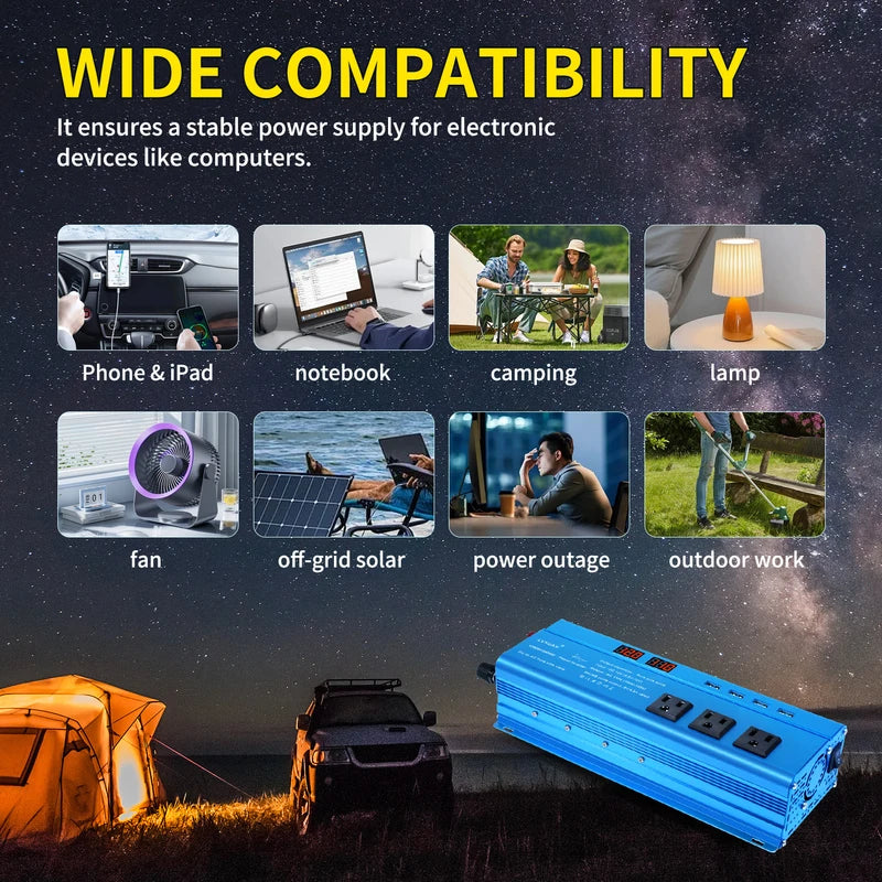 3000W Pure Sine Wave Power Inverter DC12V to AC220V/110V EU US AU Socket USB LED Display