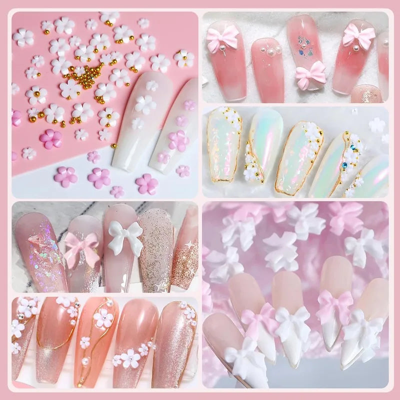 Mixed Acrylic Bowknot 3D Nail Art Decorations Flower Resin Charms Set