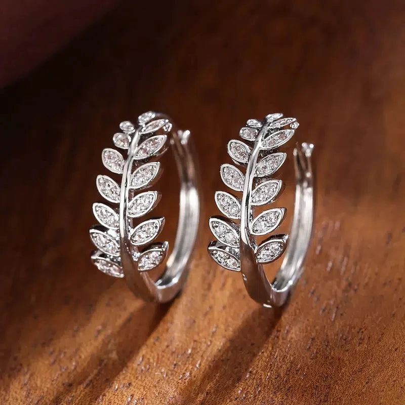 Simple Leaf Olive Hoop Earrings for Women - Crystal CZ Jewelry