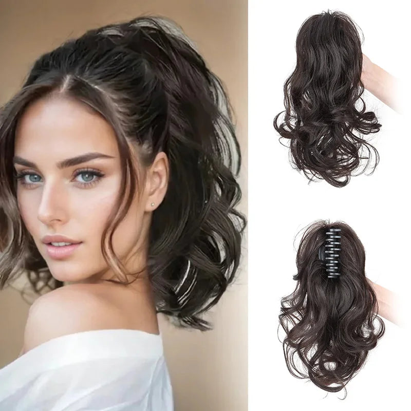 Synthetic Ponytail Claw Clip Extensions - Short Curly Hairpiece for Women