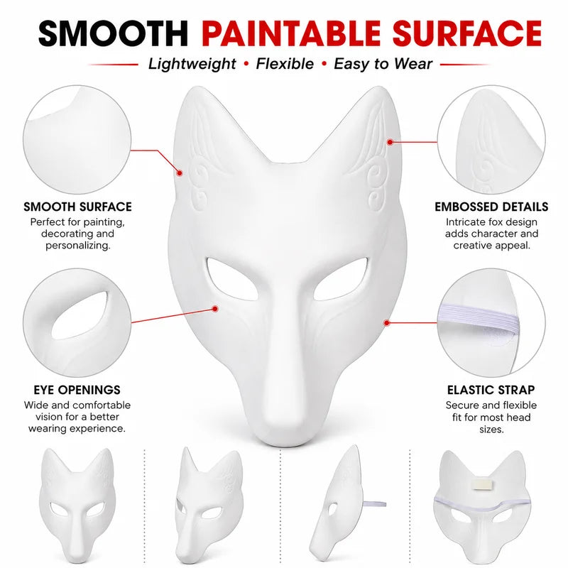 DIY Paintable Fox Mask Kit - Blank Cosplay Half Face Mask for Halloween & Parties