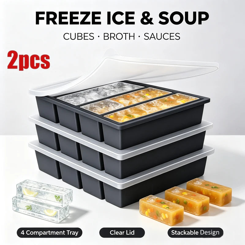 Giant Silicone Ice Cube Tray with Lid - 4-Cube Food Freezer Mold, Reusable Square Ice Molds for Soups & Drinks