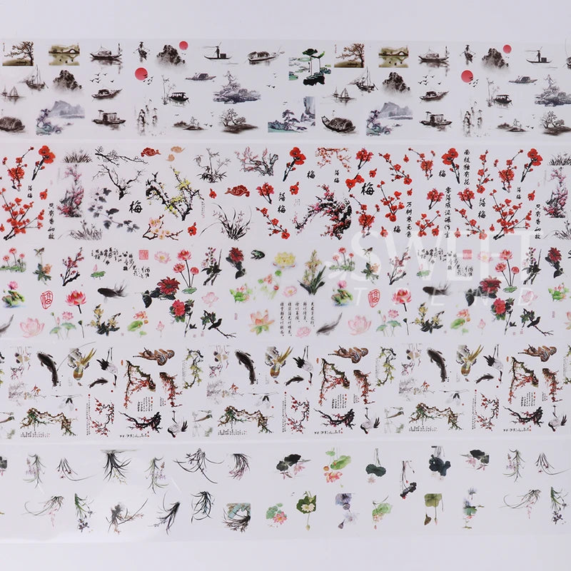 Nail Foils 10pcs Chinese Character Crane Bamboo Flower Plum Design, Transfer Stickers for Nail Art