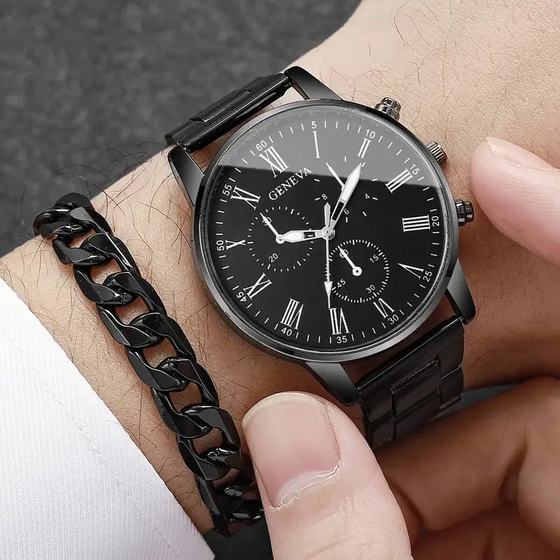 Men's Fashion Quartz Wrist Watch & Bracelet Set Black, Rose, Bronze