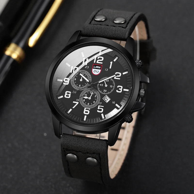 Men's Casual Leather Band Quartz Watch with Calendar - Multiple Colors