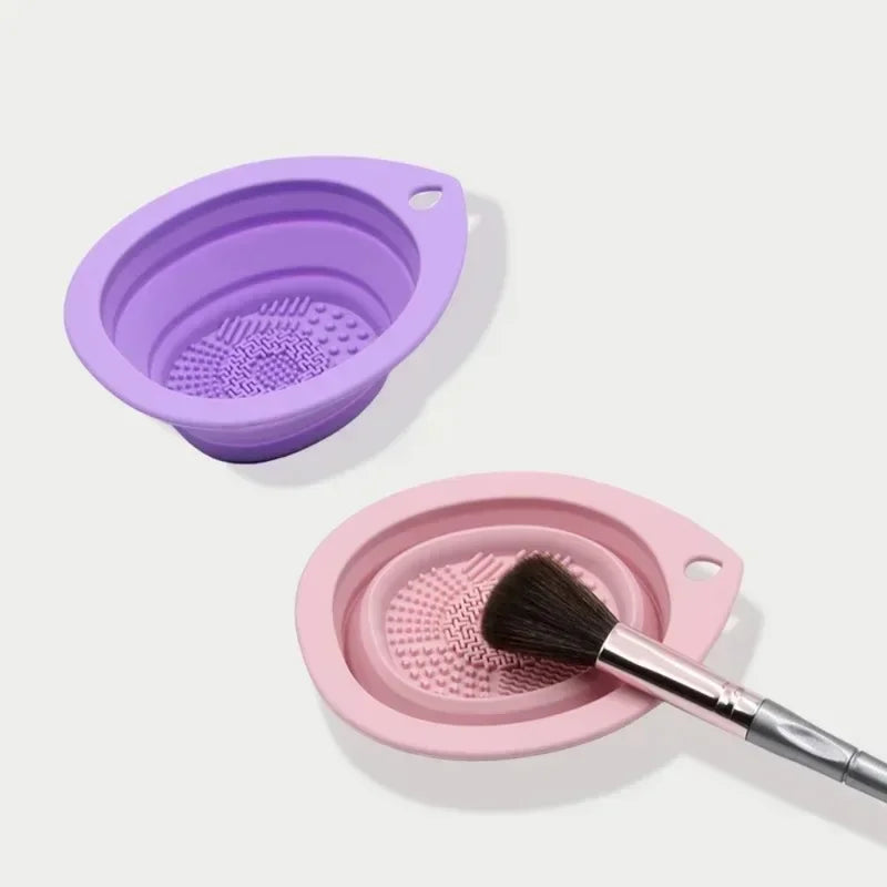 Silicone Foldable Makeup Brush Cleaner Bowl with Soft Mat for Brushes & Sponges