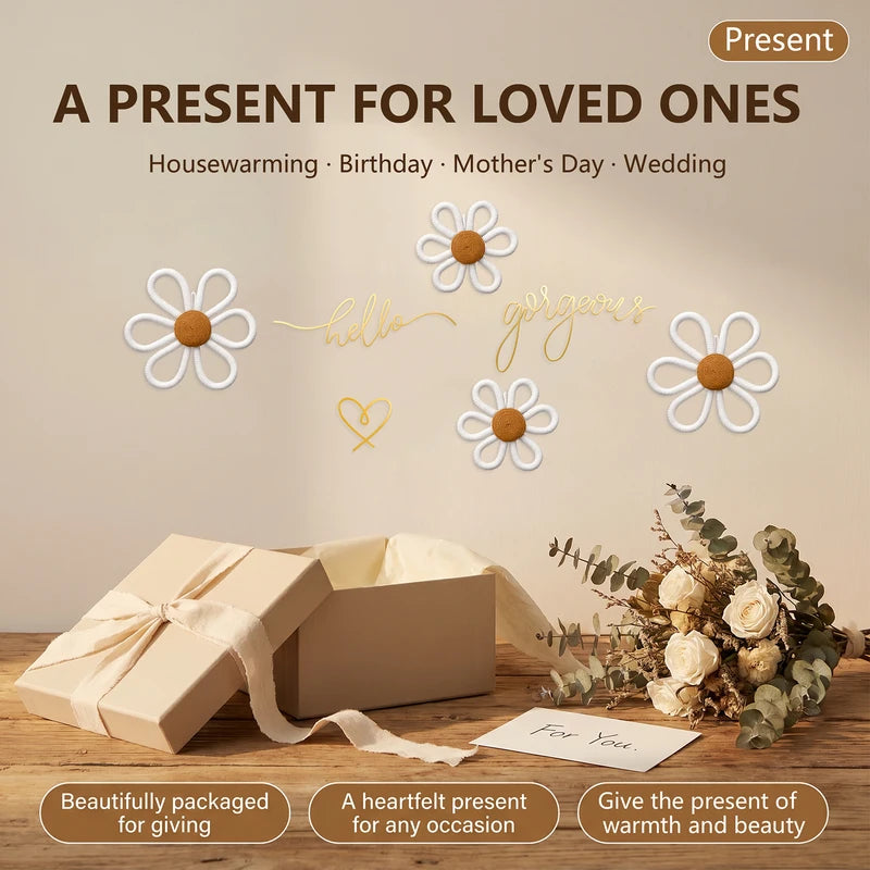 Wall Decor Set with Metal Wire Words, Heart Ornament & Woven Daisies - Boho Wall Art for Nursery & Living Room