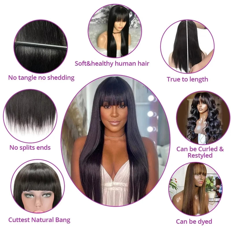 Human Hair Wigs with Bangs - Natural Black Full Machine Wig, Multiple Lengths & Densities