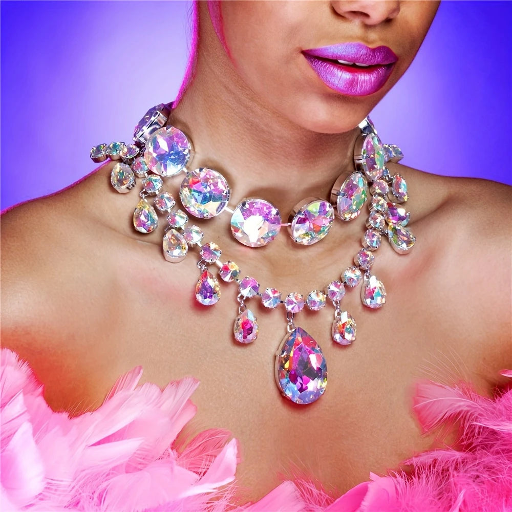 Exaggerated AB Crystal Pendant Necklace Bridal Wedding Party Jewelry