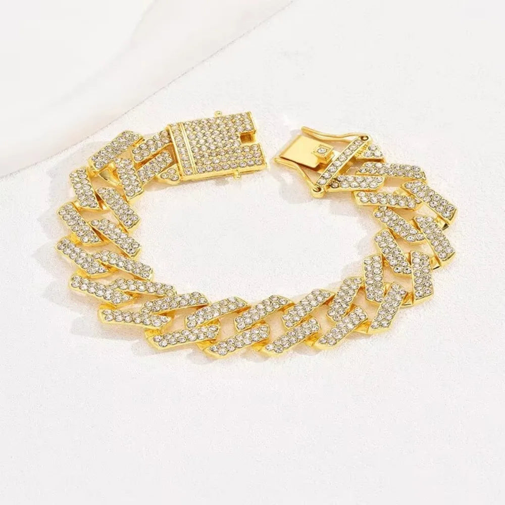 Men's Gold Chain Bracelet with Clear Crystal Stones - Hip Hop Miami Link Style
