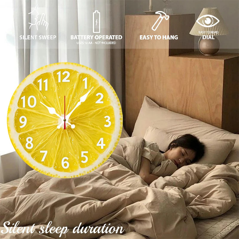 Lemon-Themed Wooden Wall Clock - Silent Hanging Round Decor for Living Room Office Bedroom