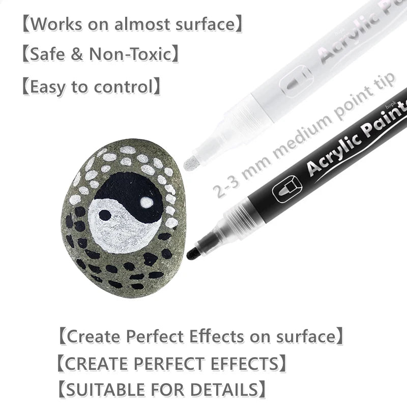 3-Piece Acrylic Paint Markers Set - Black, White, Gold & Silver for Arts and Crafts