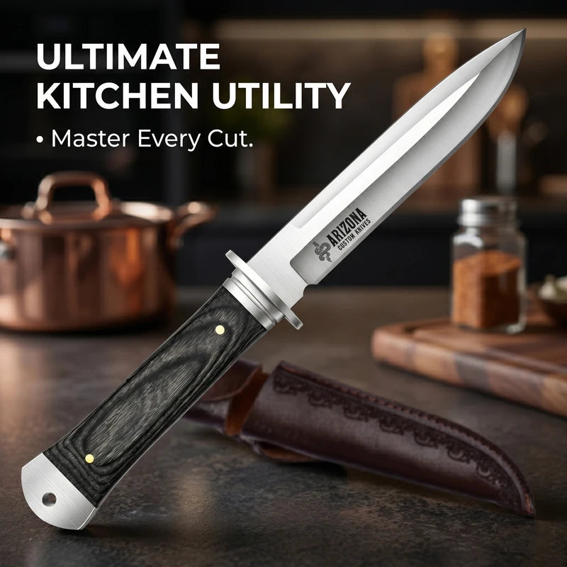 Fixed Blade Kitchen Knife with Leather Sheath - Stainless Steel, Multi-Color