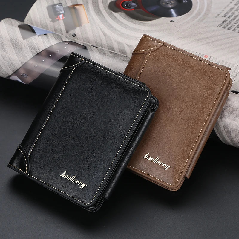 Men's PU Leather Wallet with Zipper Card Holder & Coin Pocket - Vintage Style