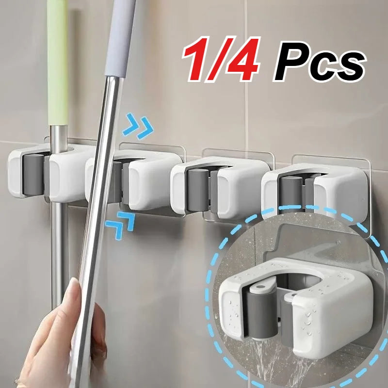 Self-Adhesive Wall-Mounted Mop and Broom Holder No Drilling Kitchen Bathroom Storage