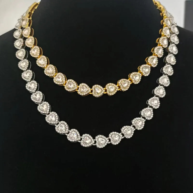 Luxury Crystal Heart Cuban Link Chain Bracelet Necklace Set - Hip Hop CZ Jewelry