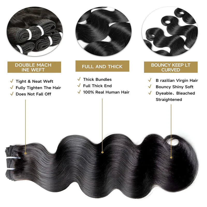 Brazilian Human Hair Bundles - Natural Black, Body Wave, Raw Remy Extensions
