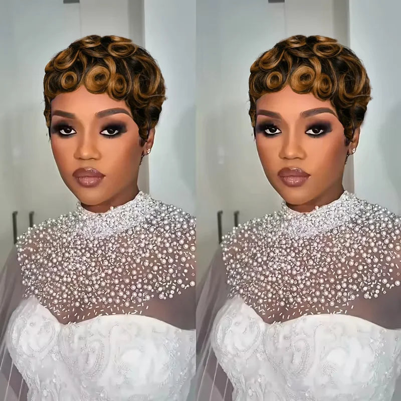 Women's Short Curly Pixie Wig with Bangs - Natural Black, 250% Density