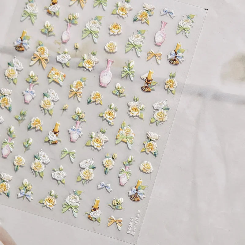 Self-Adhesive 5D Nail Art Stickers with Lace Bowknot Flowers and Pearls