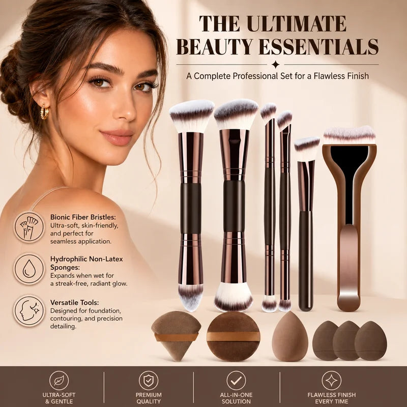 12-Piece Makeup Brush Set with Sponges for Foundation, Powder & Eyeshadow - Versatile & High-Quality