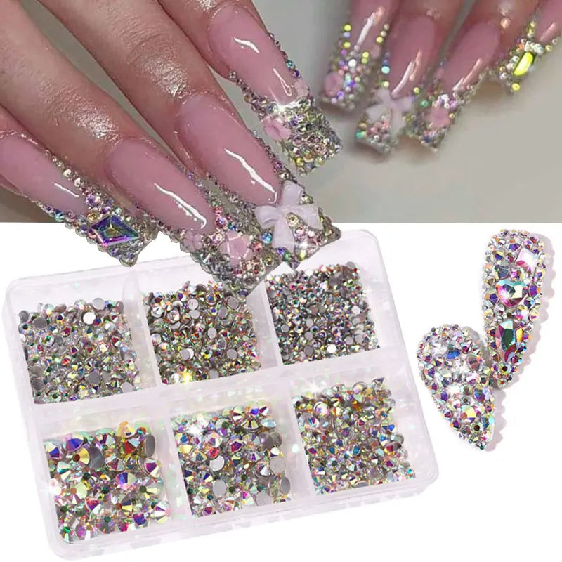 Glass Nail Gems Mix 6 Grids Non-Hotfix Rhinestones for Nail Art & Crafts